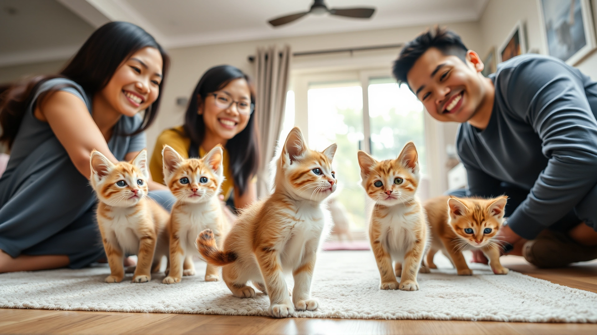 Smiling family meeting Singapura kittens at a reputable breeder’s clean home, kittens exploring a play area