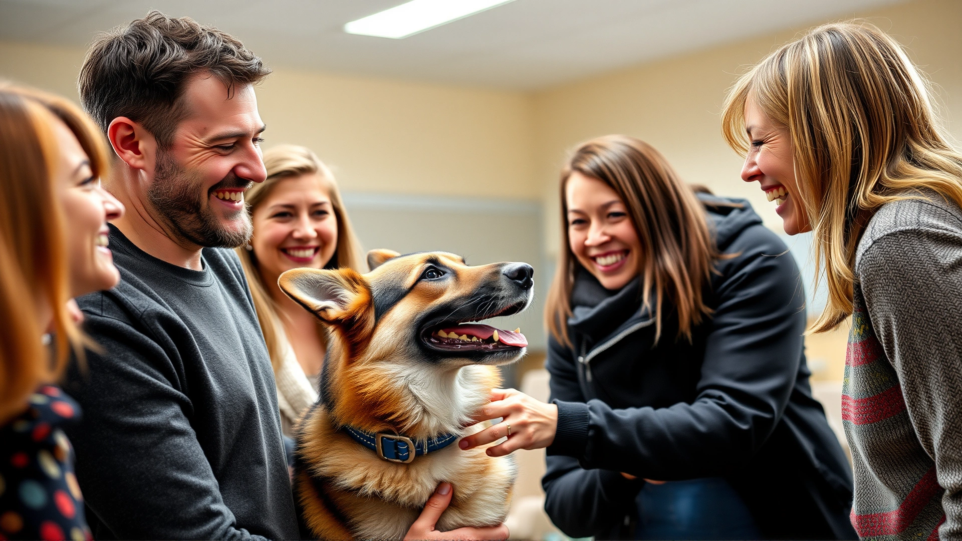 Smiling family meeting a friendly adult Berger Picard at an animal shelter adoption event, bright indoor lighting, hopeful atmosphere