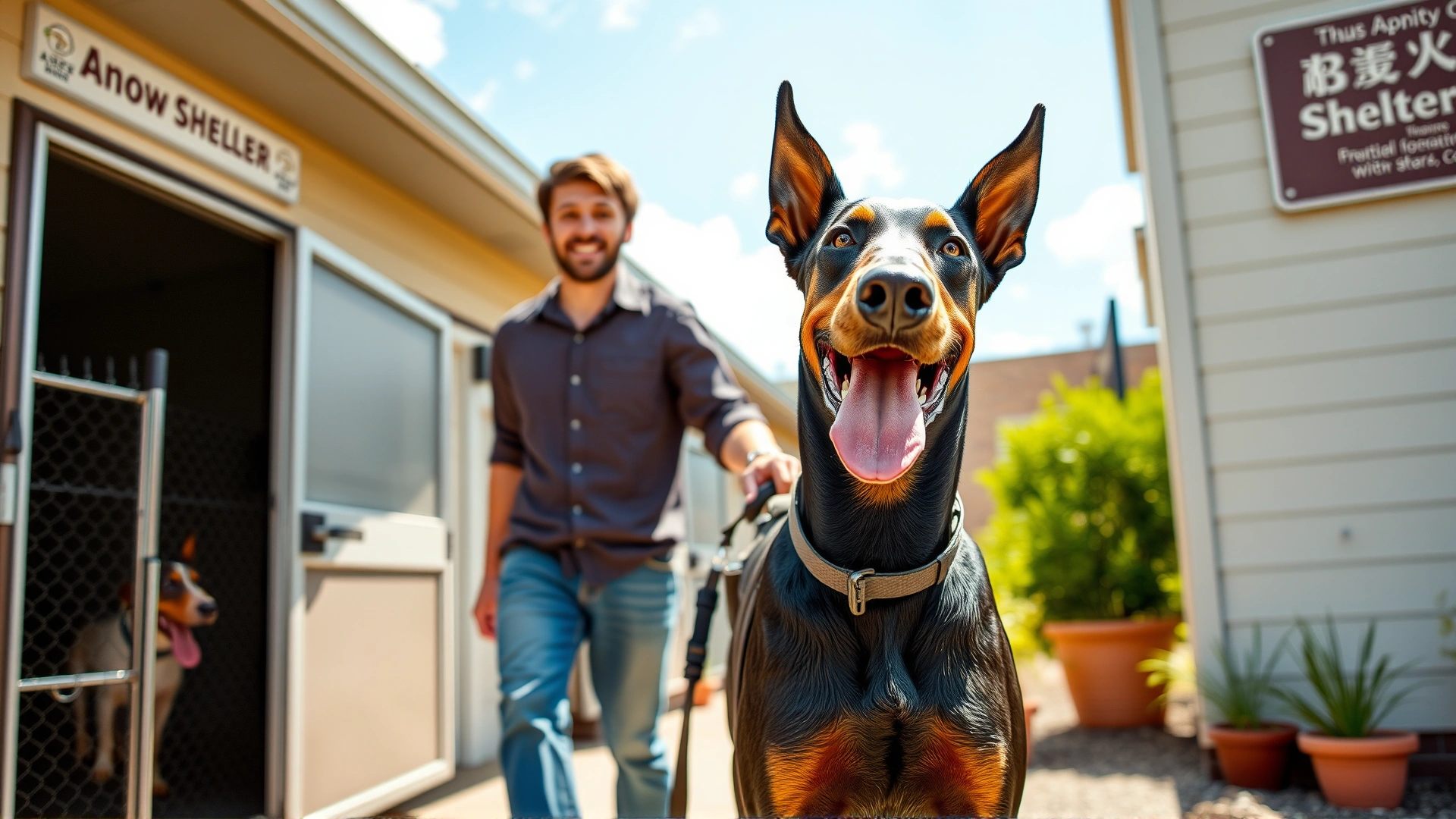 Happy adopted Doberman Pinscher leaving an animal shelter with its new owner, both looking joyful under a bright sky.