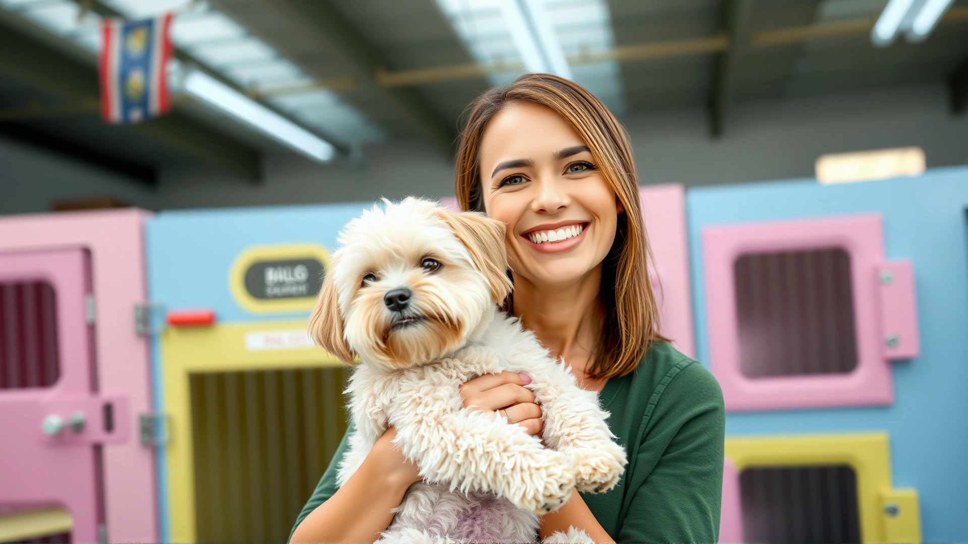 Smiling woman holding a rescued Maltipoo at an animal shelter, colorful kennels in the background – candid, uplifting photo