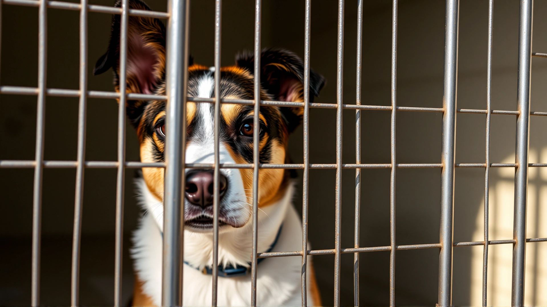 Hopeful mixed-breed dog sitting behind the mesh door of an animal shelter kennel, soft light highlighting its eyes