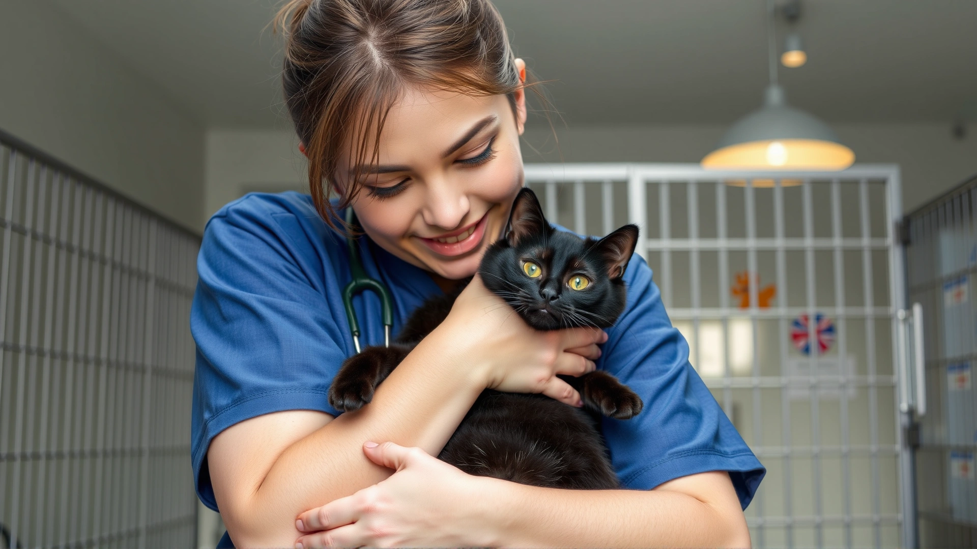 Heartwarming image of an animal shelter volunteer gently cuddling a black cat inside a modern, well-lit shelter environment.