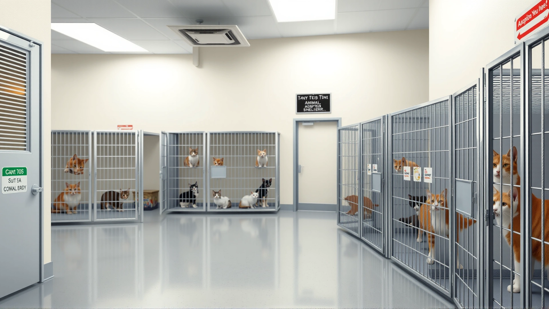 Clean, well-lit animal shelter interior showing a variety of cats in spacious enclosures, promoting adoption