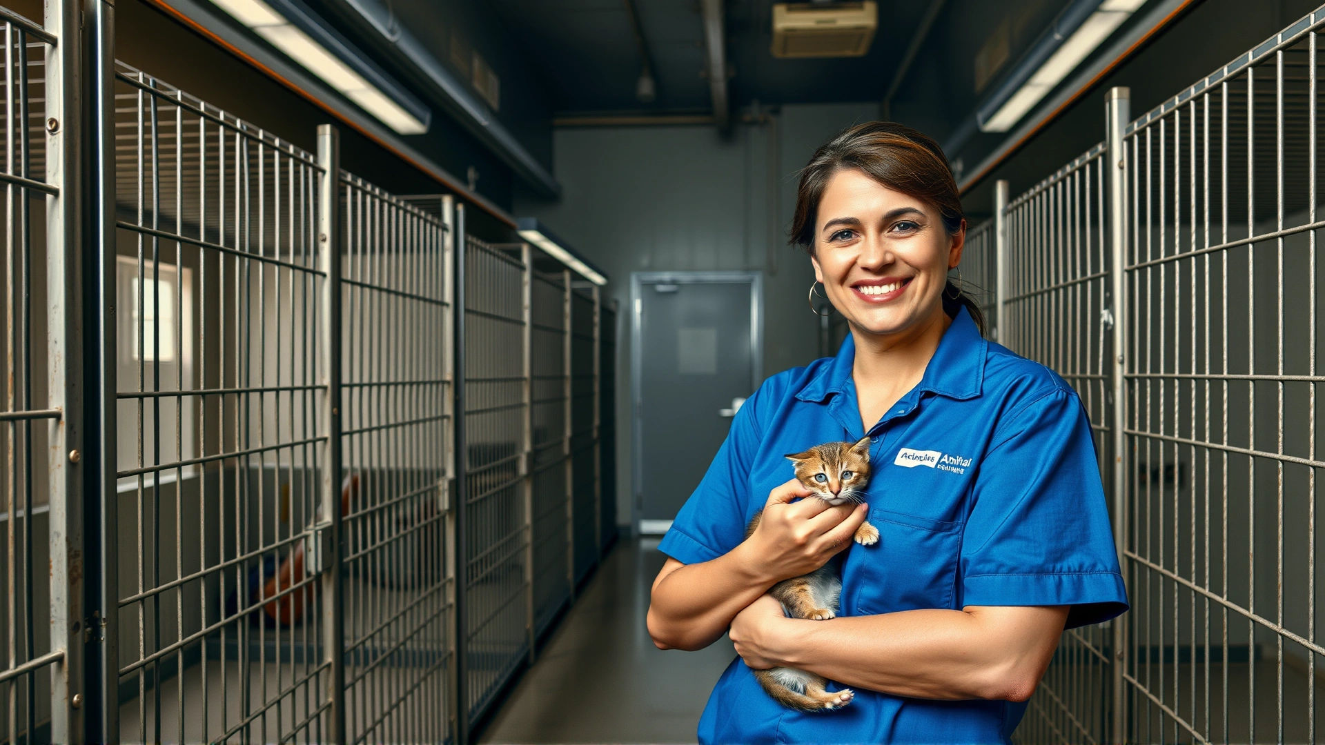 Interior of an animal shelter with clean cages; a volunteer holding a small cat and smiling, conveying ethical adoption.