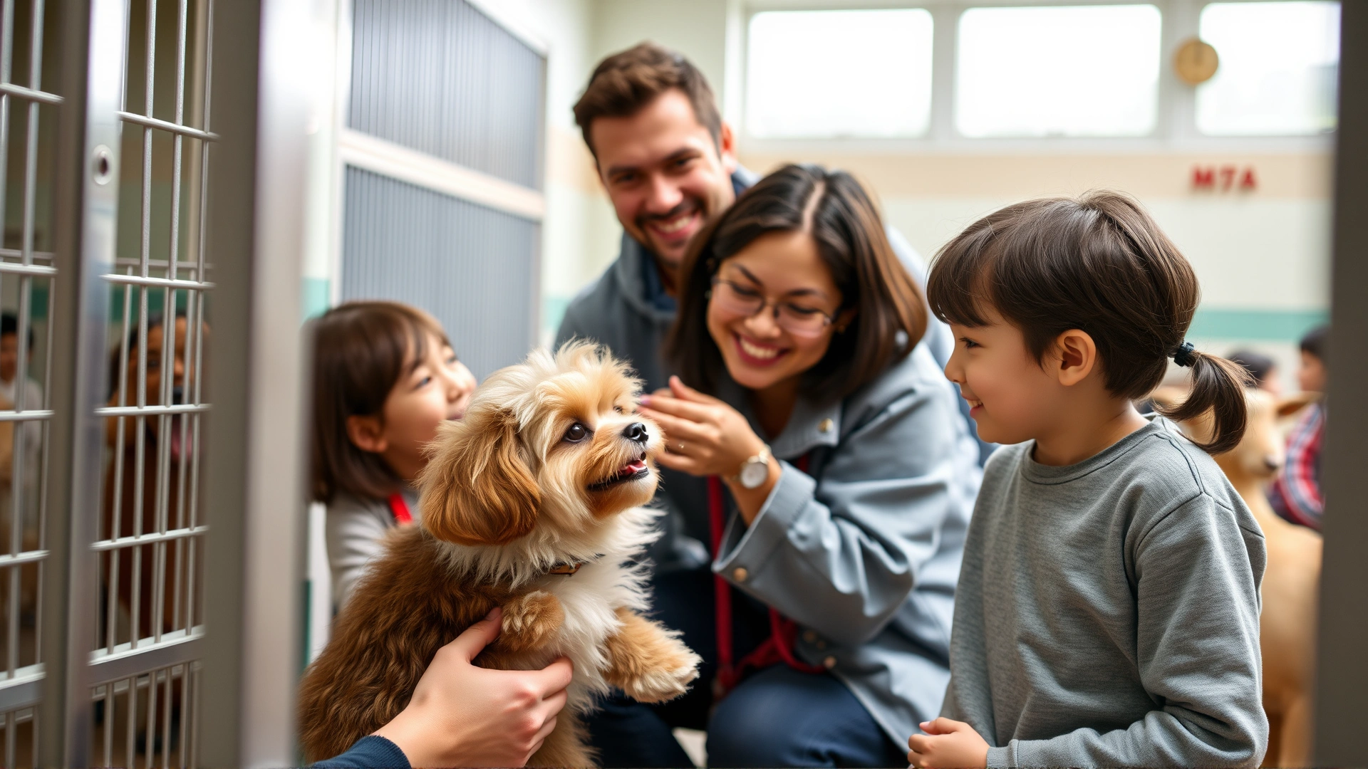 Family meeting a Shichon at an animal shelter, joyful atmosphere.