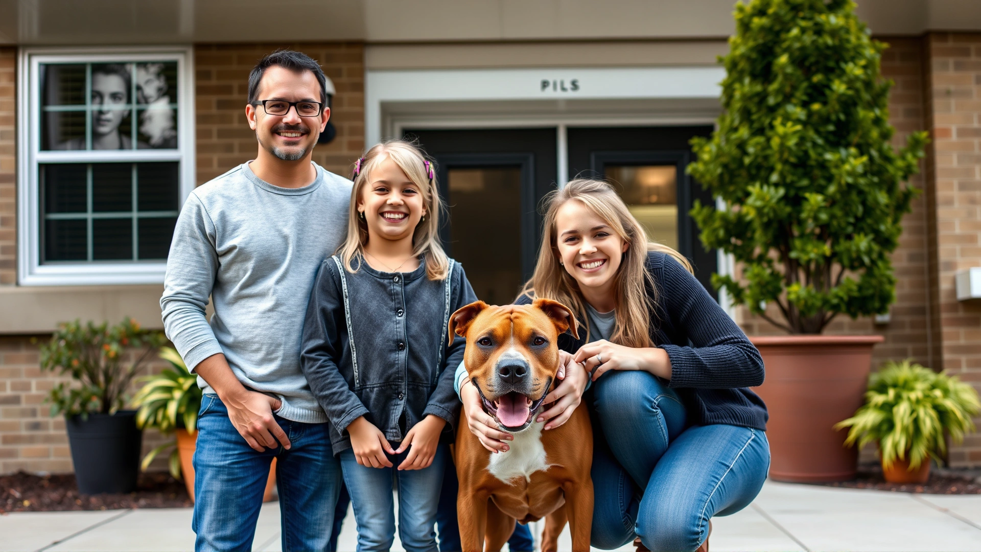 Family of two parents and a child posing with their newly adopted pit bull in front of an apartment building entrance, all smiling. No text.