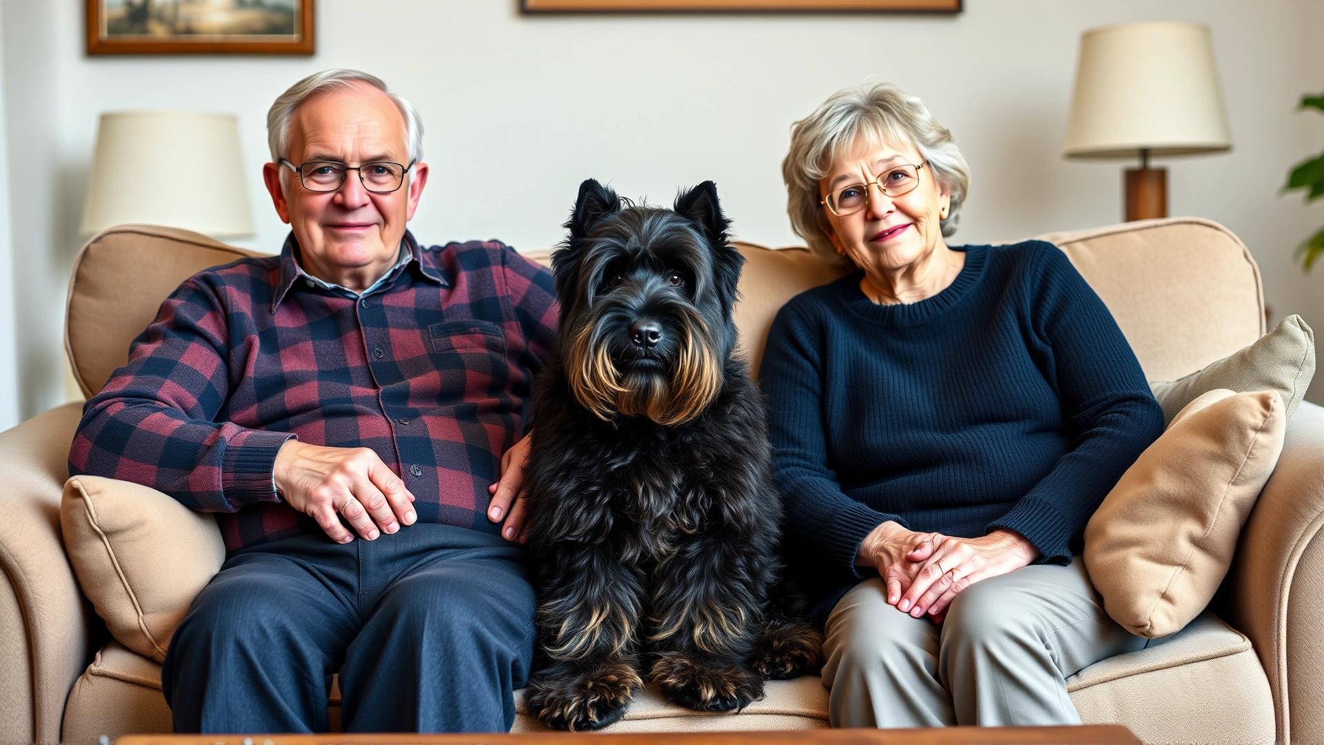 Content Bouvier des Flandres sitting between an elderly couple on a cozy living-room sofa, conveying companionship and suitability for family life.