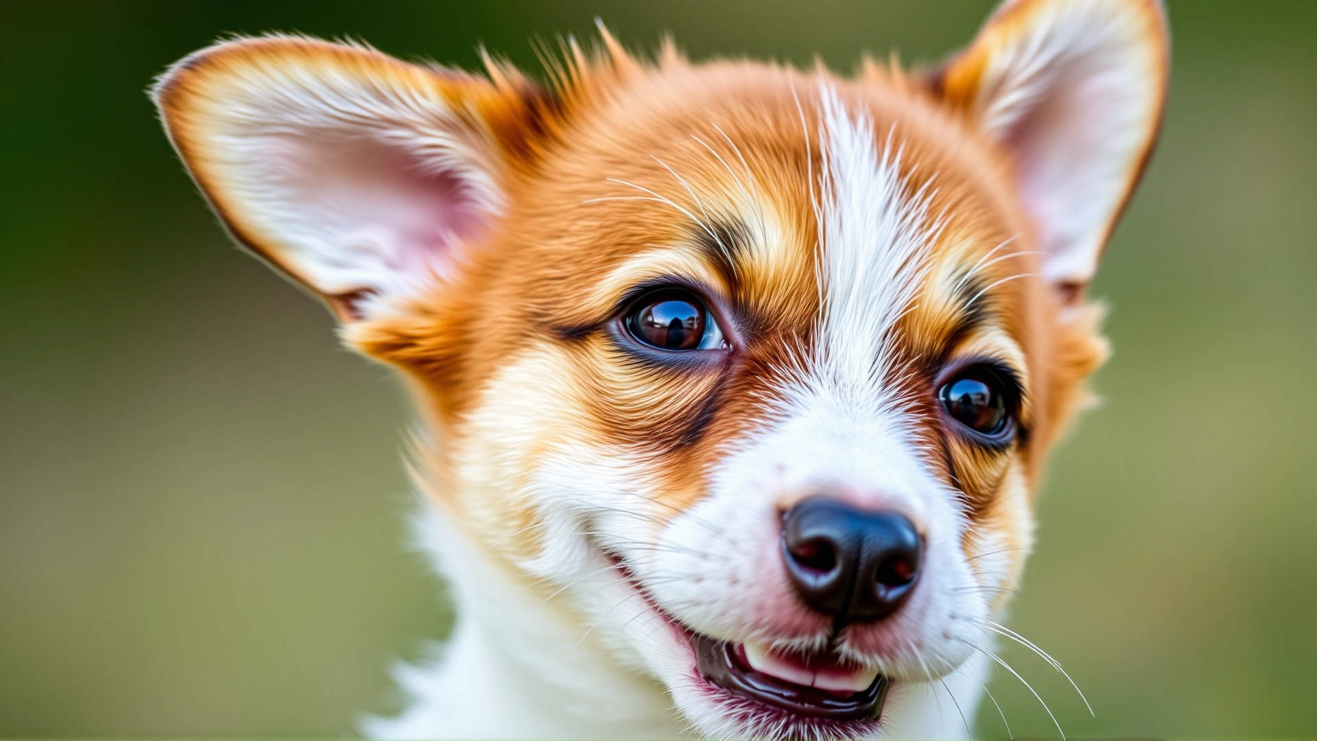Close-up portrait of a happy Dorgi puppy with expressive brown eyes and perky ears, captured in soft natural light.