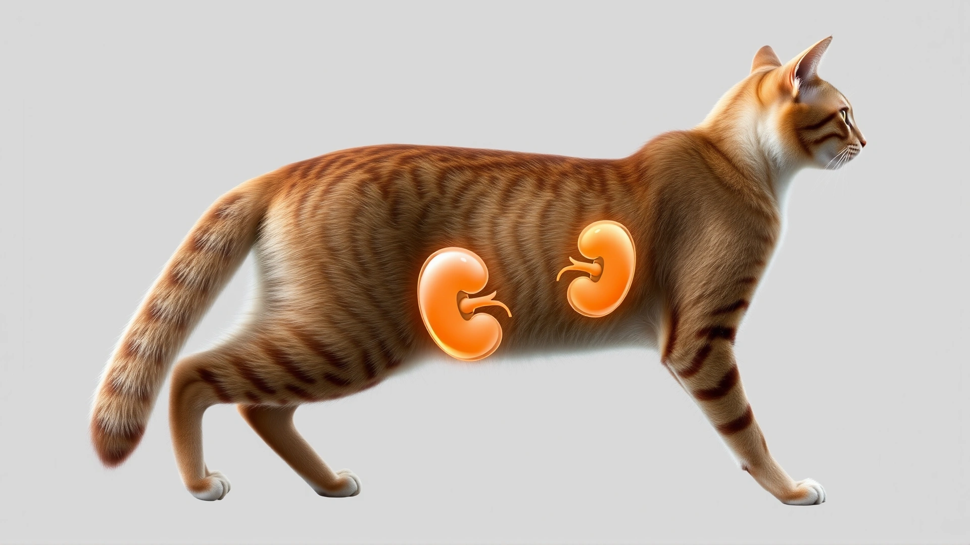 Medical illustration of a healthy adult cat in profile with semi-transparent body highlighting the adrenal glands above each kidney, neutral background, no text.
