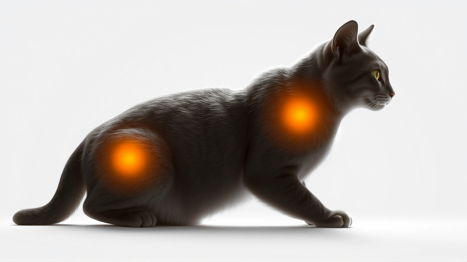 Realistic digital illustration of a cat silhouette in side profile with the positions of the adrenal glands glowing softly in orange; white background; no text.