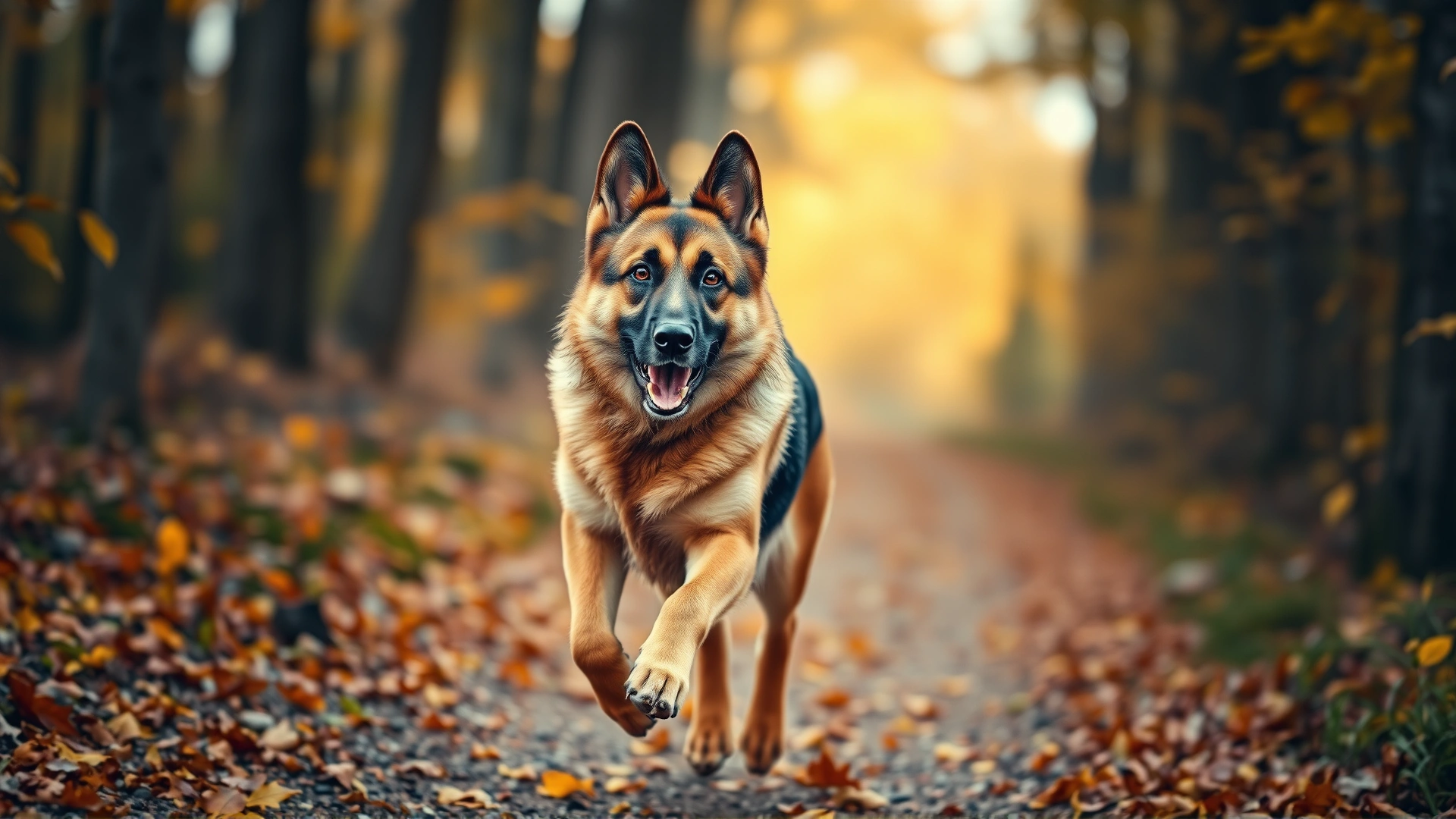 A strong adult German shepherd running along a forest trail with autumn leaves, sharp focus on dog with motion blur background, golden hour lighting.