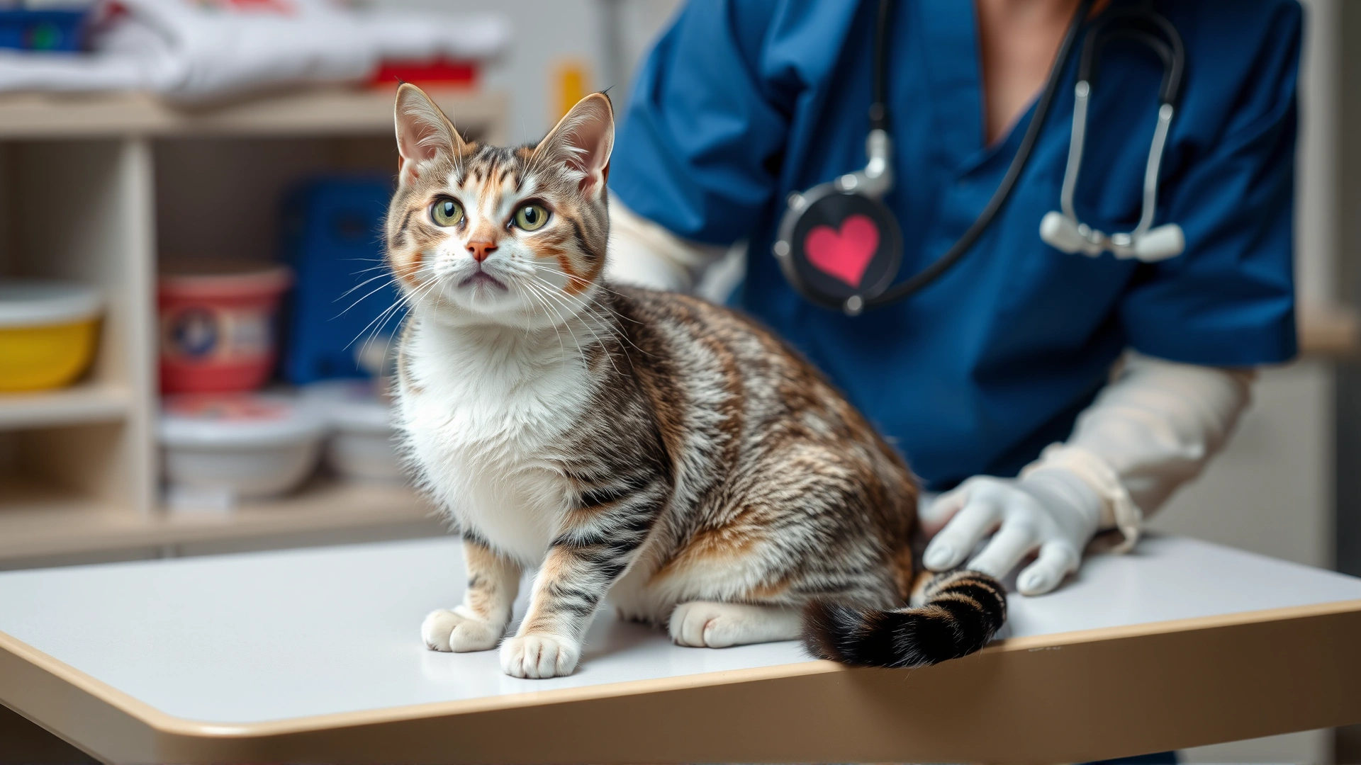An adult domestic cat sitting confidently on an examination table while a veterinarian listens to its heart with a stethoscope