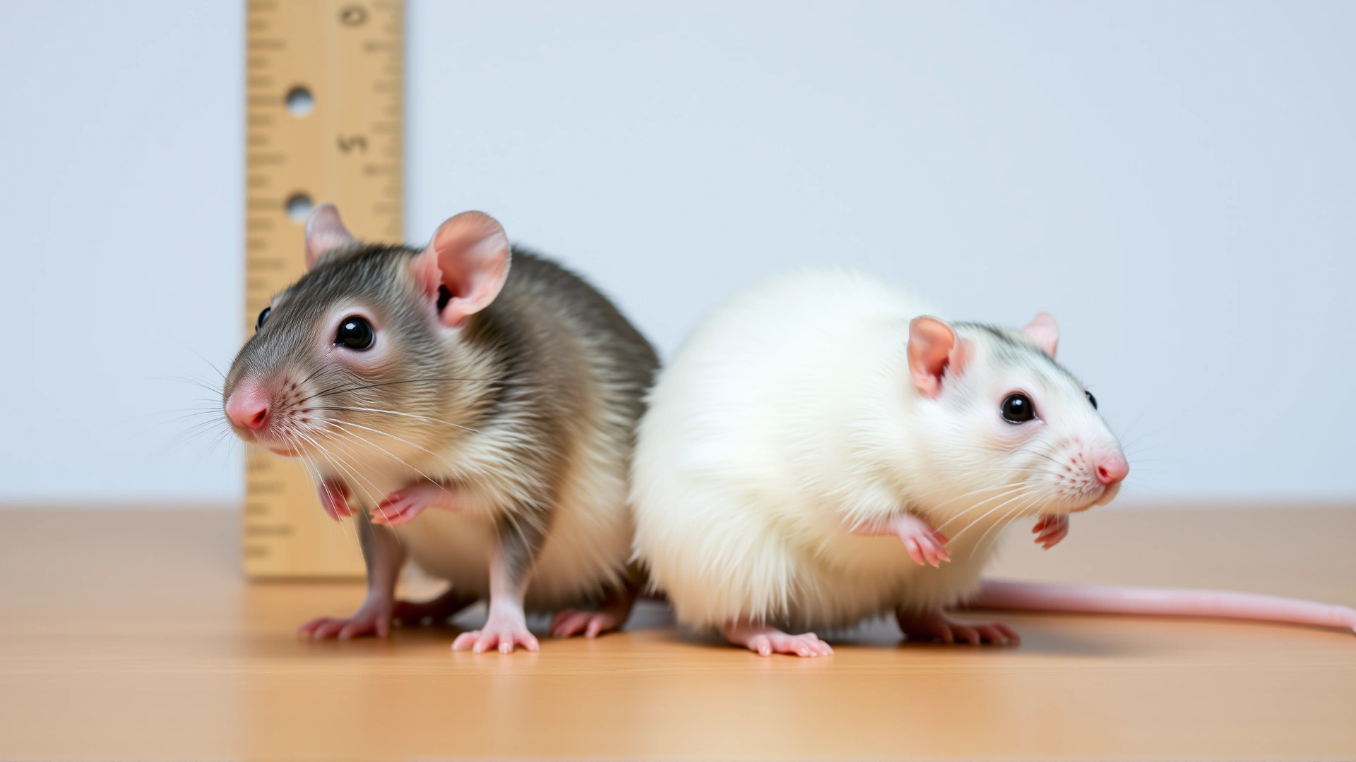 Two adult rats—one male, one female—standing next to each other on a wooden surface with a small ruler behind them to emphasize the size difference.