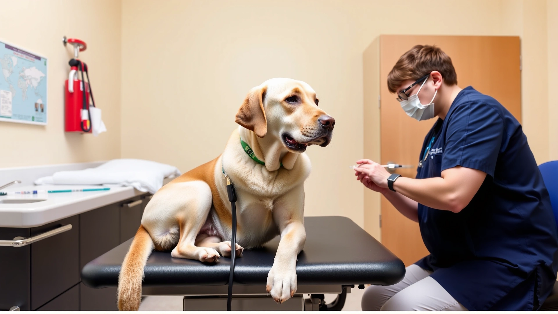 An adult Labrador sitting calmly on an exam table while a veterinarian listens to its heartbeat before administering booster shots, bright clinical environment.