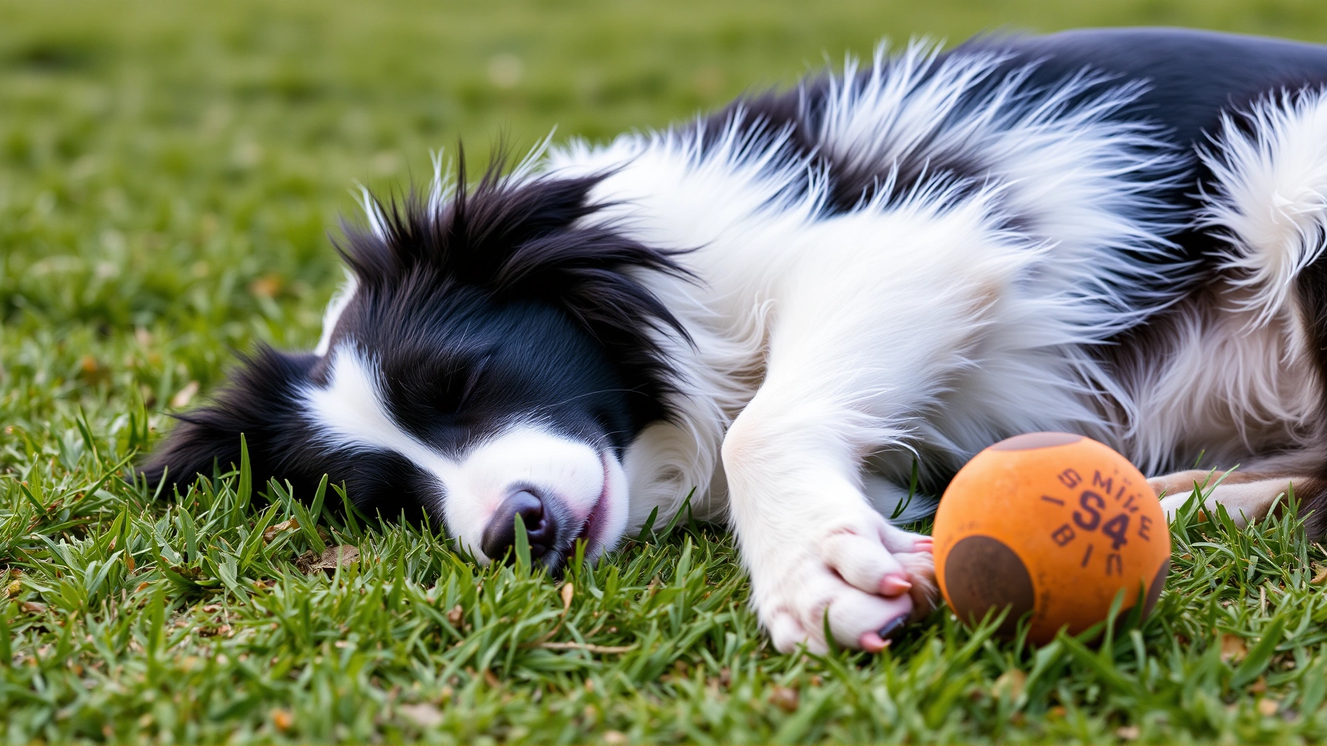 Medium shot of an adult Border Collie taking a midday nap on grass after playing fetch, ball nearby