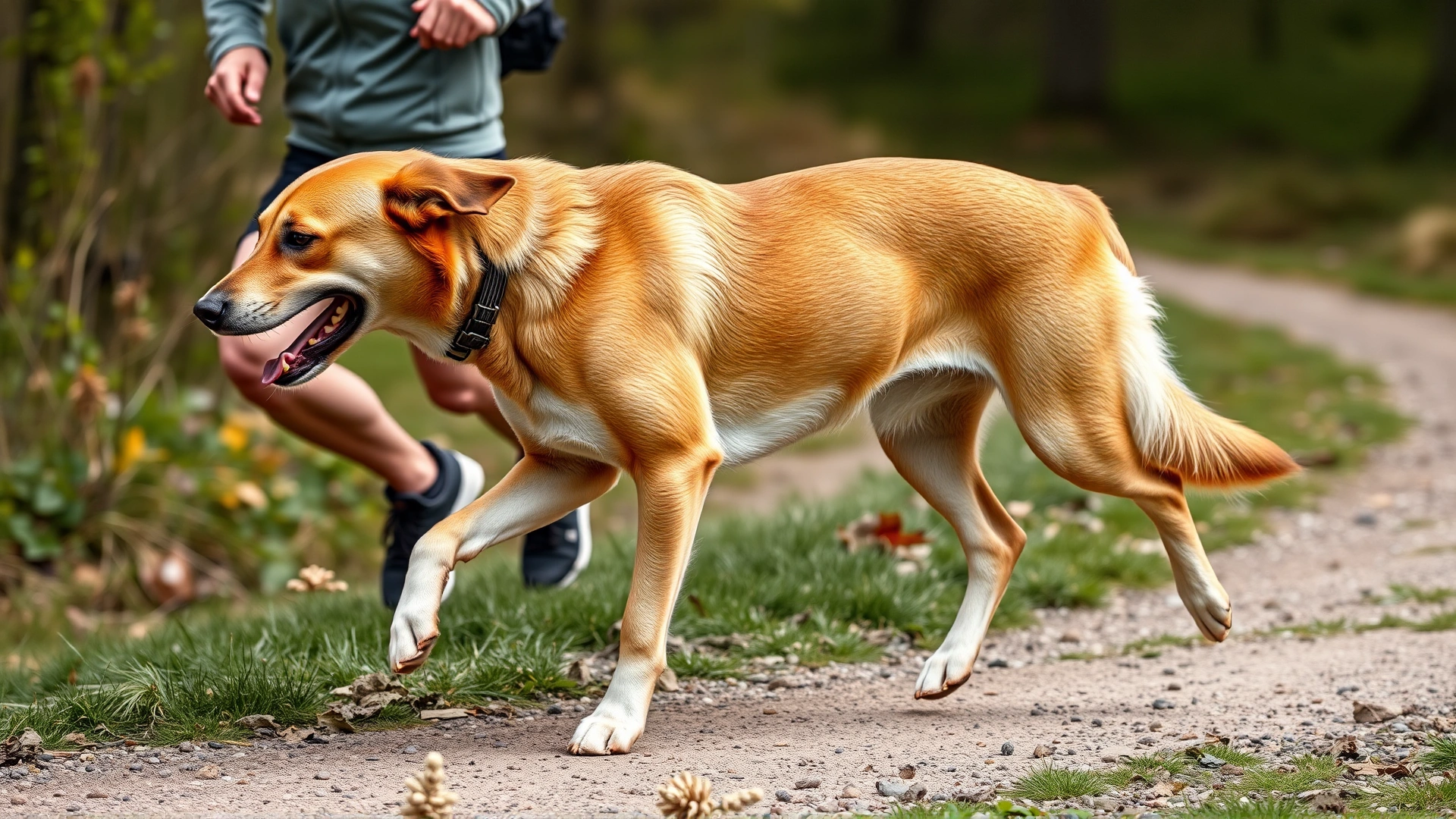 An adult medium-sized dog jogging beside its owner on a nature trail, displaying good muscle tone.