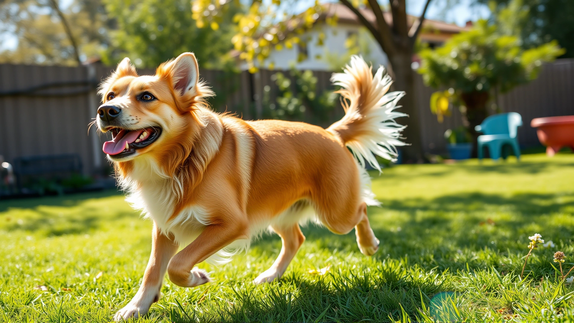 Healthy adult dog running happily in a green backyard under bright sunlight, illustrating a fully vaccinated dog in a previously contaminated environment.