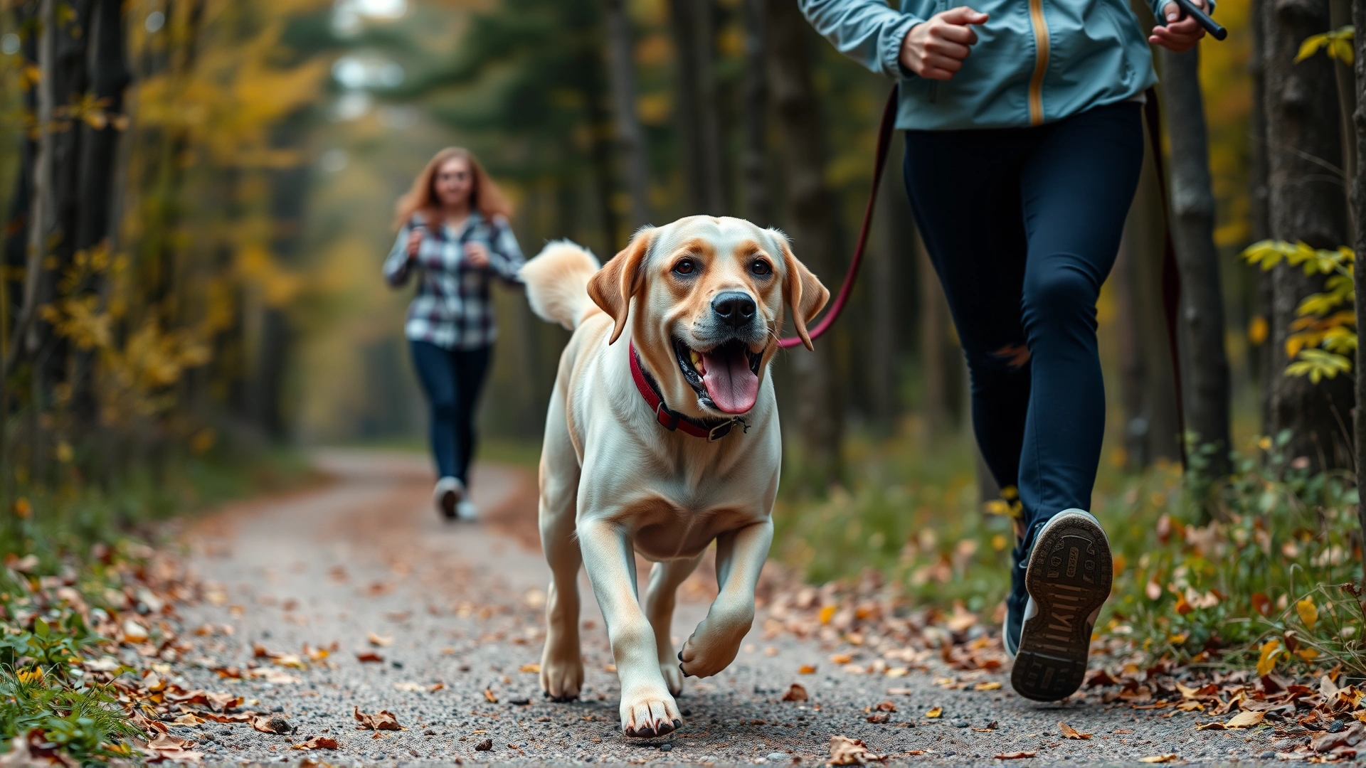 Healthy adult Labrador retriever jogging alongside its owner on a forest trail during fall