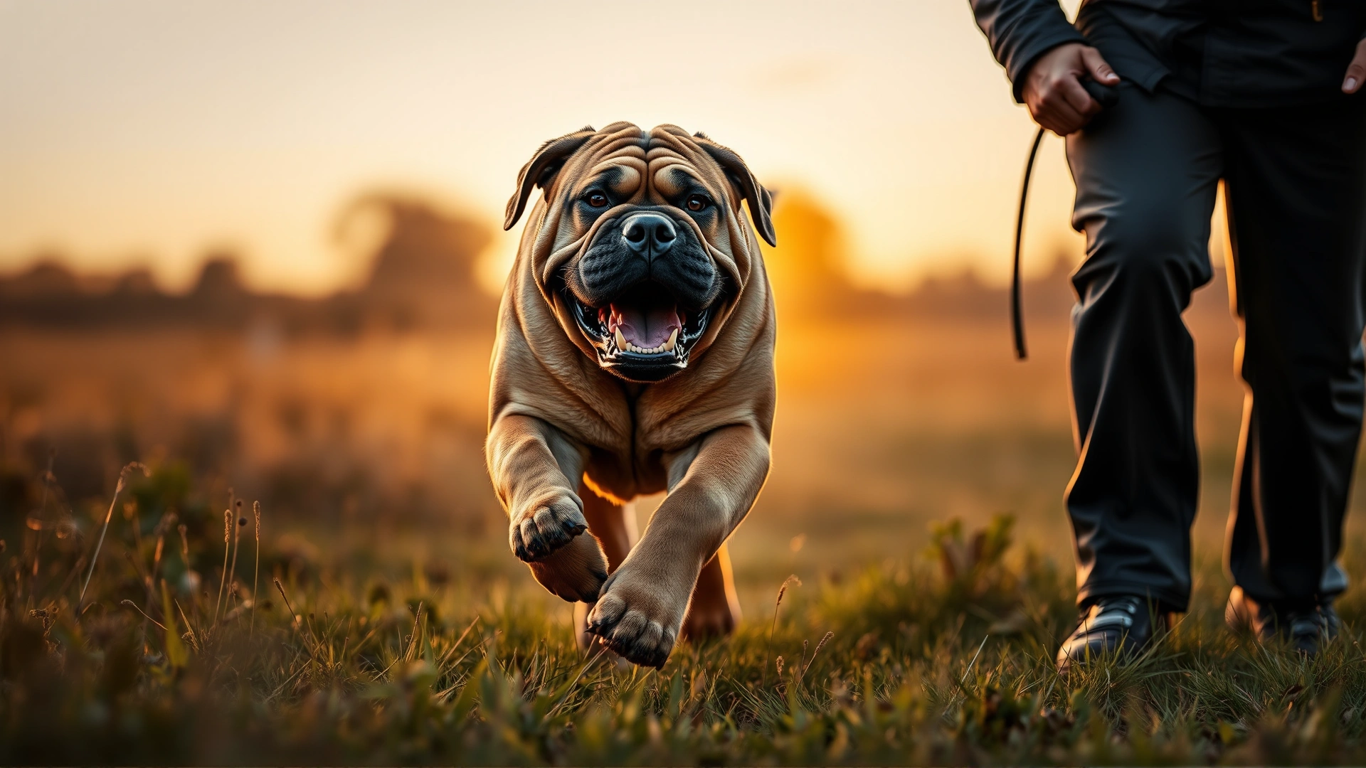 Adult Mastiff running alongside its owner on a grassy field at sunset.