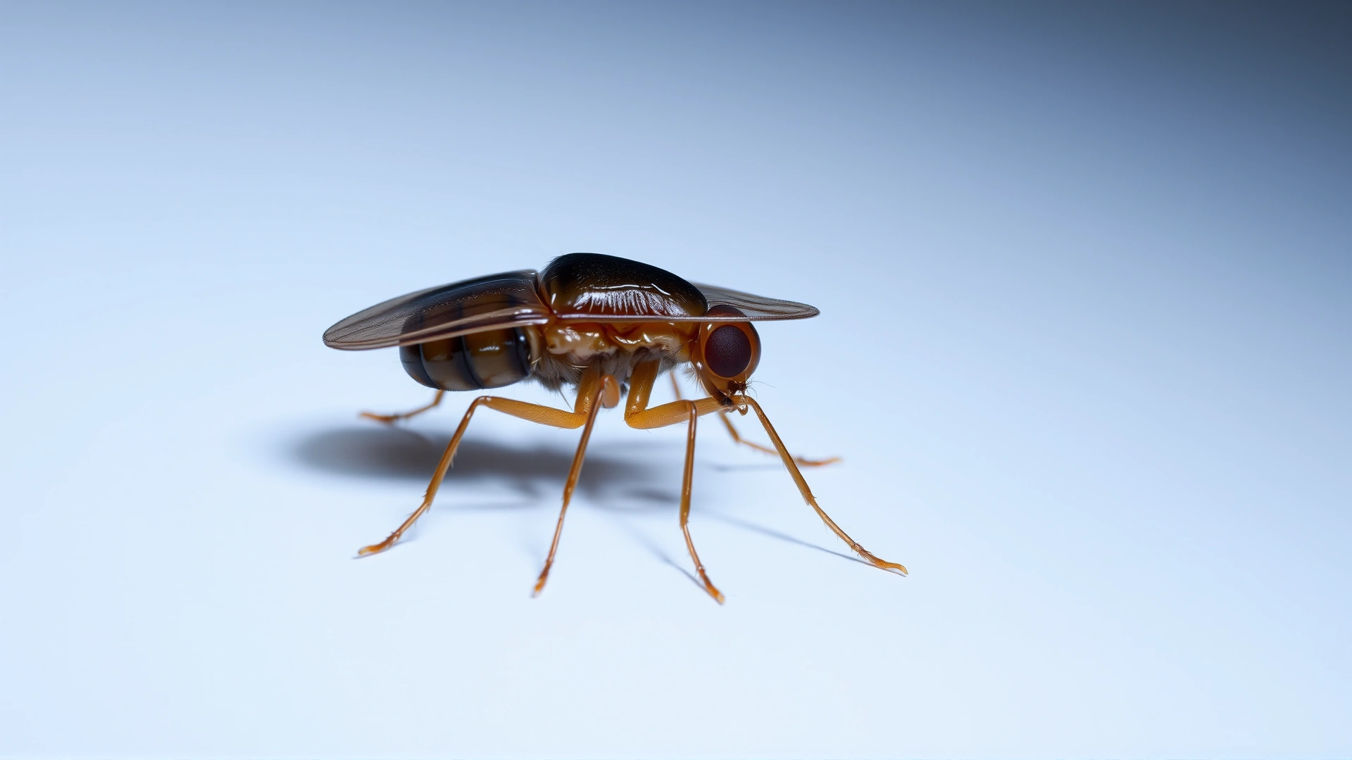 Extreme close-up of an adult brown flea against a white background, displaying its flat body and long hind legs, studio lighting