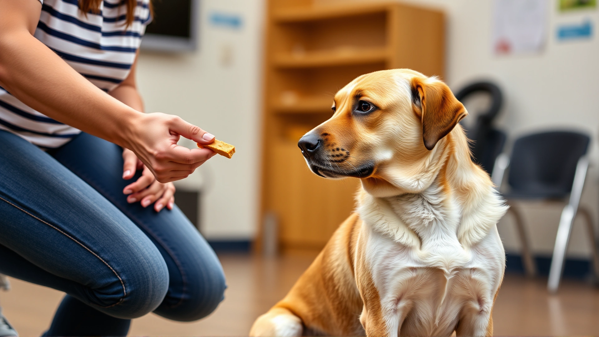 Adult dog attentively sitting in a training class while its owner offers a treat, showcasing successful training