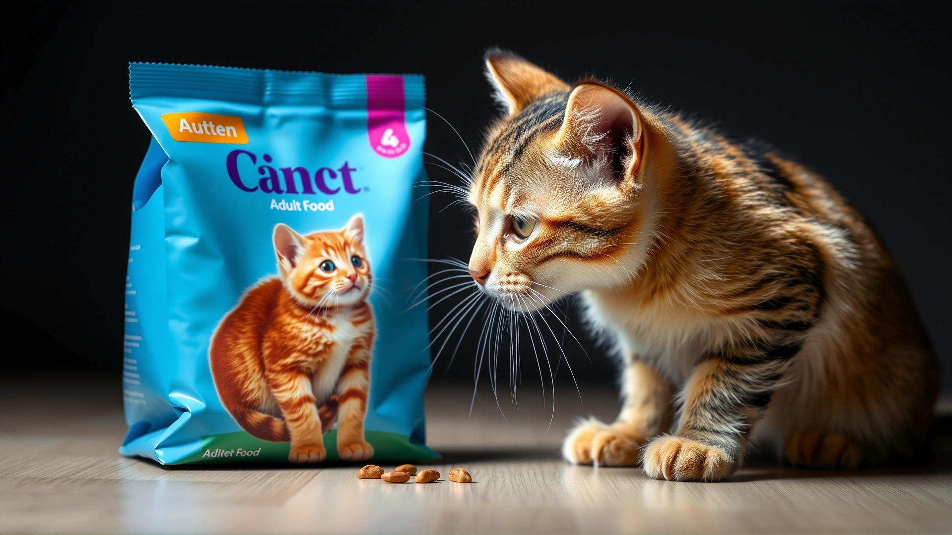 Young adolescent cat sniffing an adult cat food bag placed next to a kitten food bag