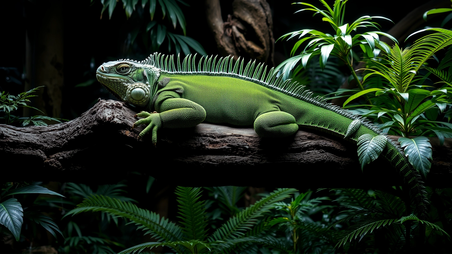 Large green iguana resting on a thick branch in a lush, heavily planted enclosure, demonstrating the space and environment advanced keepers must provide.