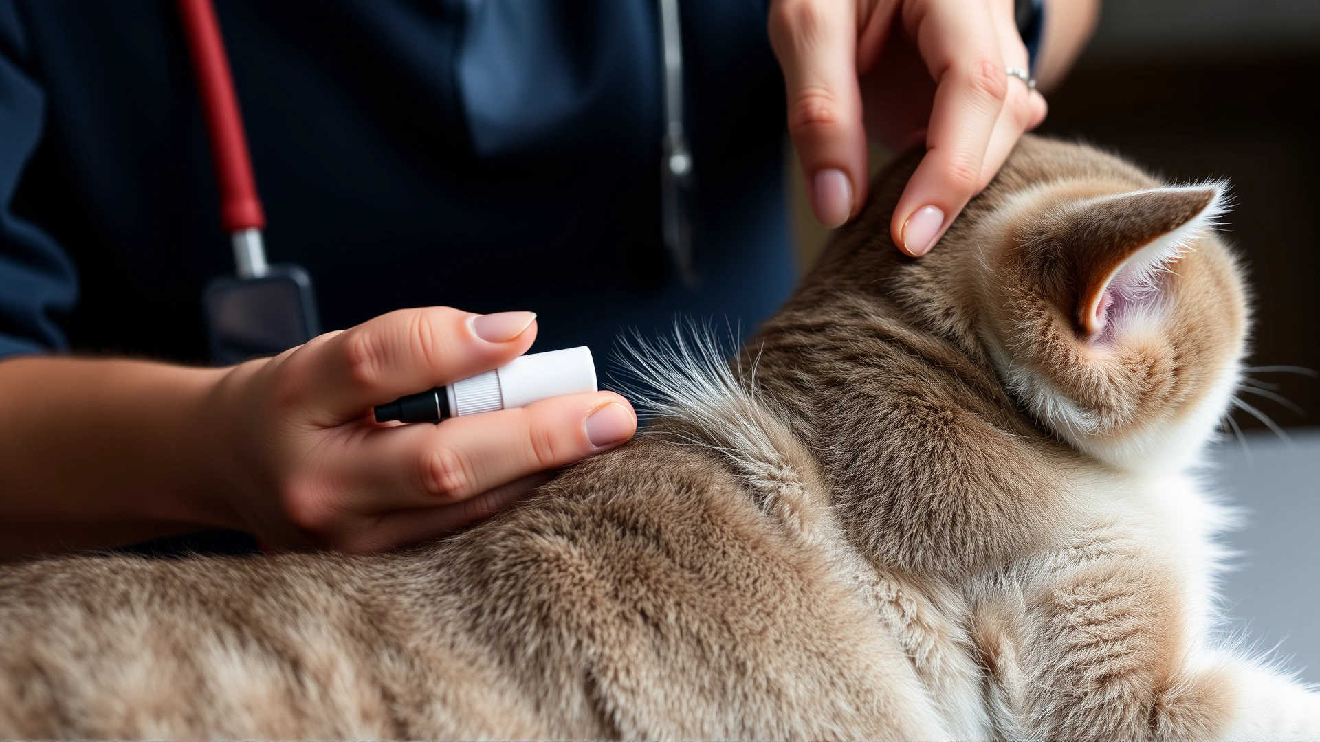 Pet owner parting the fur and applying a topical flea treatment to the back of a calm short-haired cat's neck.