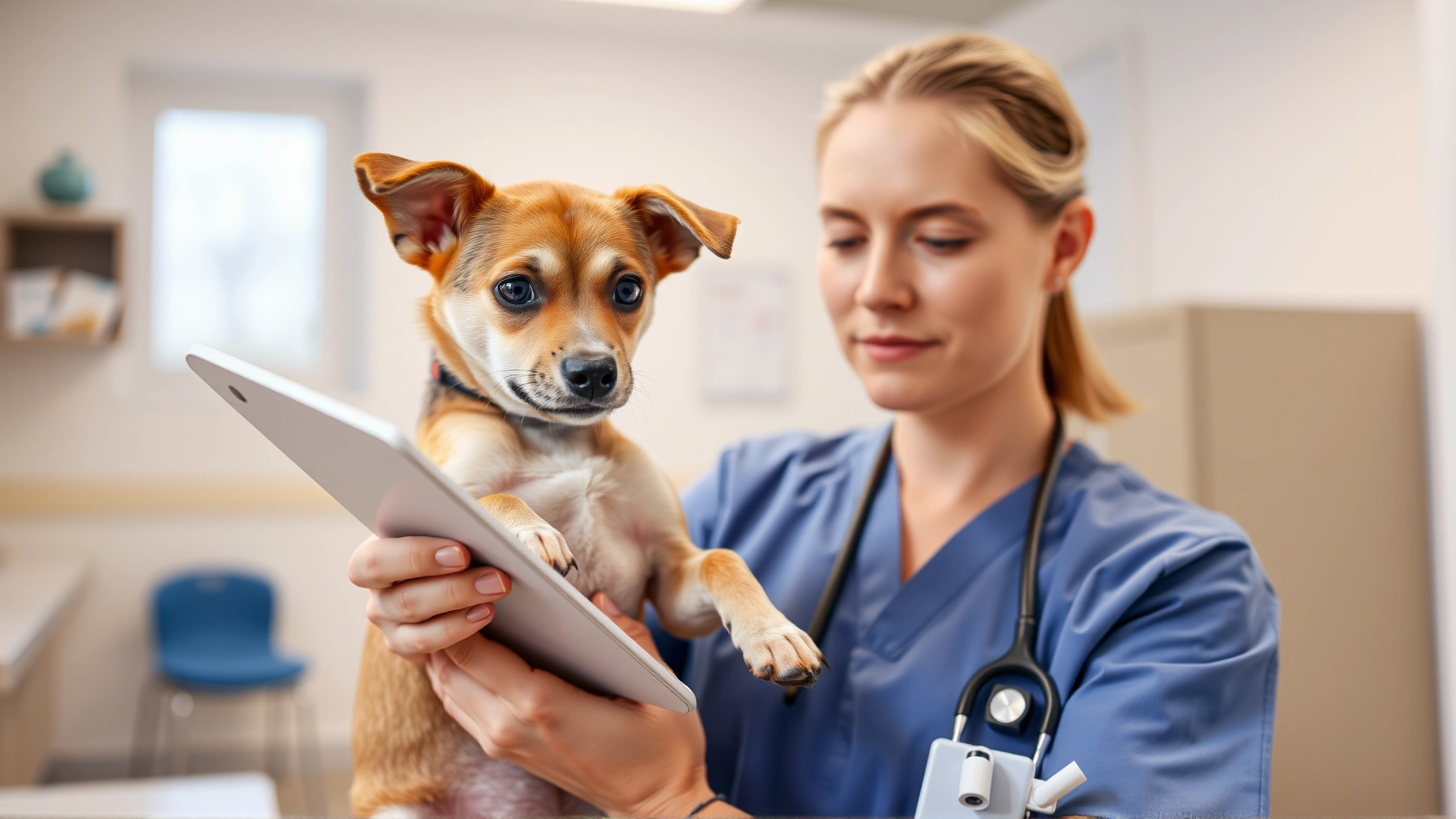 Veterinarian gently holding a small mixed-breed dog while reviewing dosage instructions for a topical parasite medication in a bright clinic room.
