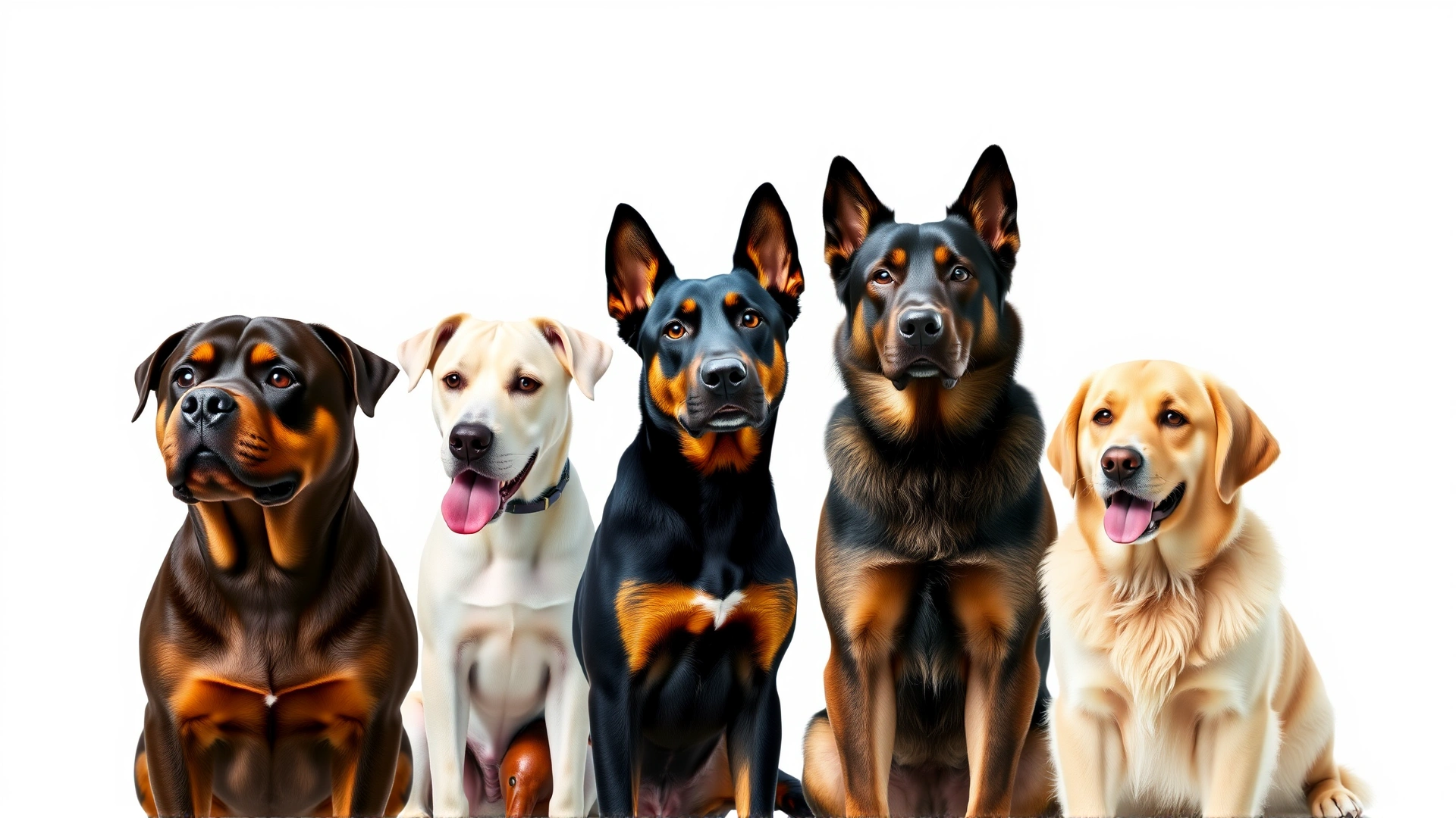 Collage-like image of several dog breeds (Rottweiler, German Shepherd, Doberman, Golden Retriever) lined up, highlighting diverse coat patterns; plain white background.