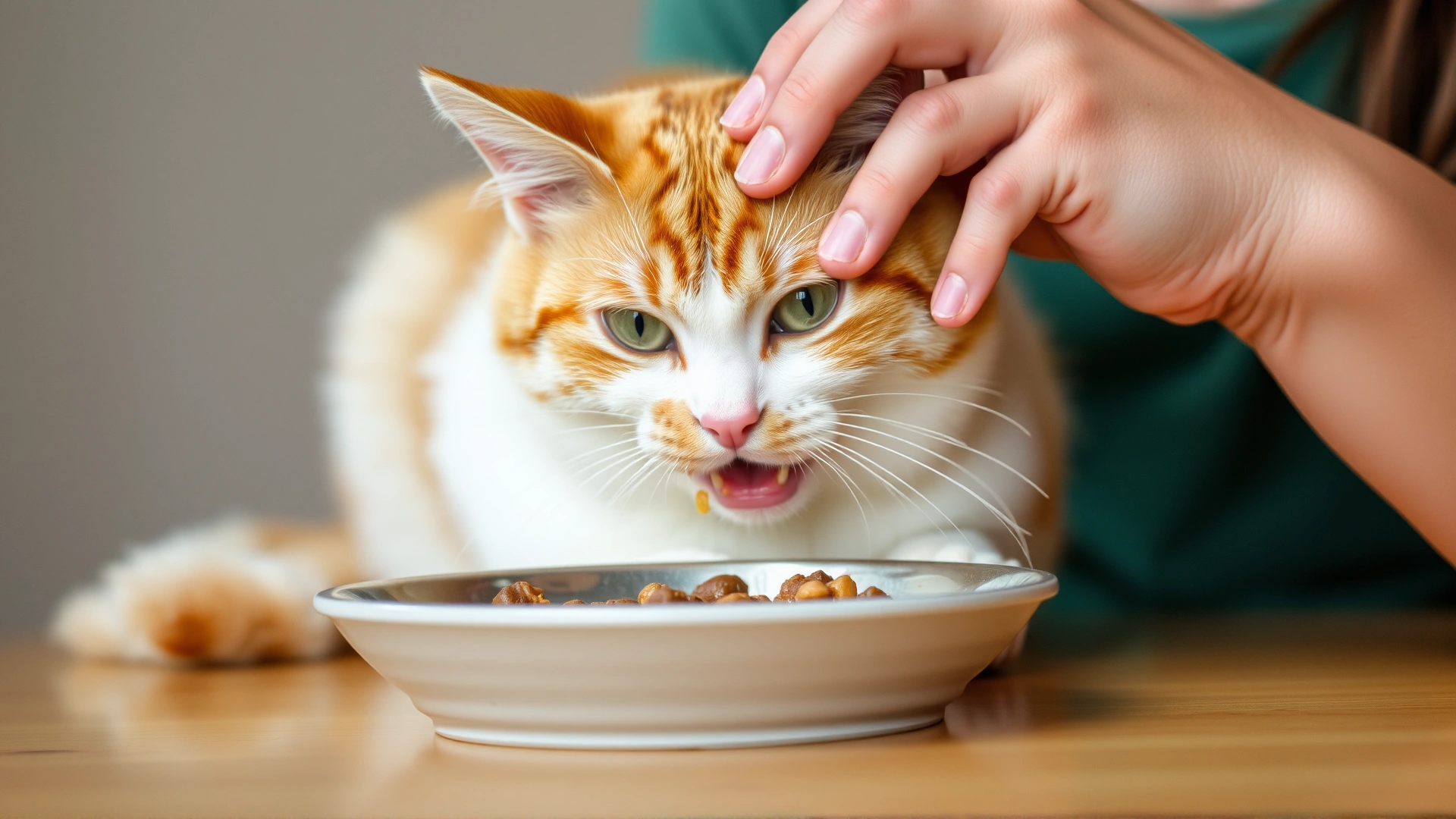 Content cat being gently petted by its owner after finishing a meal, bowl visible in foreground.
