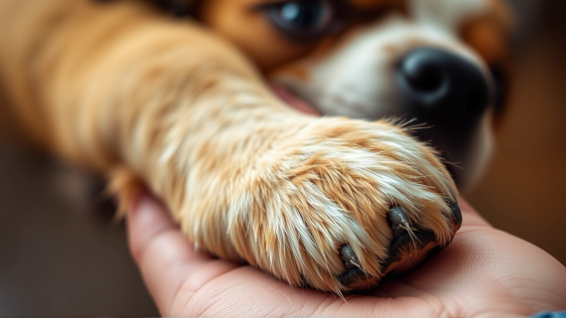 Close-up of a dog's paw resting in a human hand, emphasizing affection and trust.