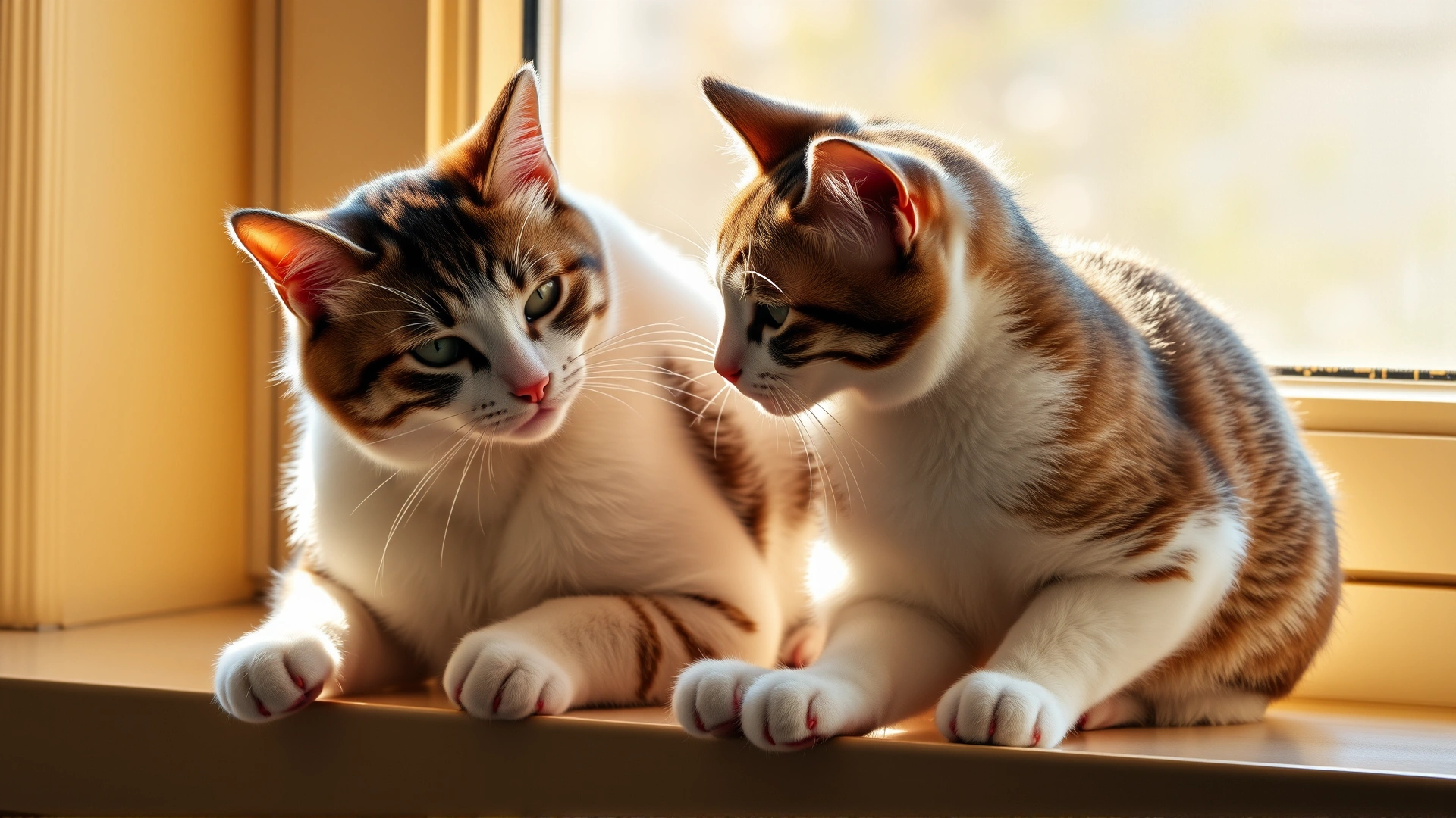 Two domestic short-haired cats grooming each other on a sunny windowsill, demonstrating social bonding behavior.