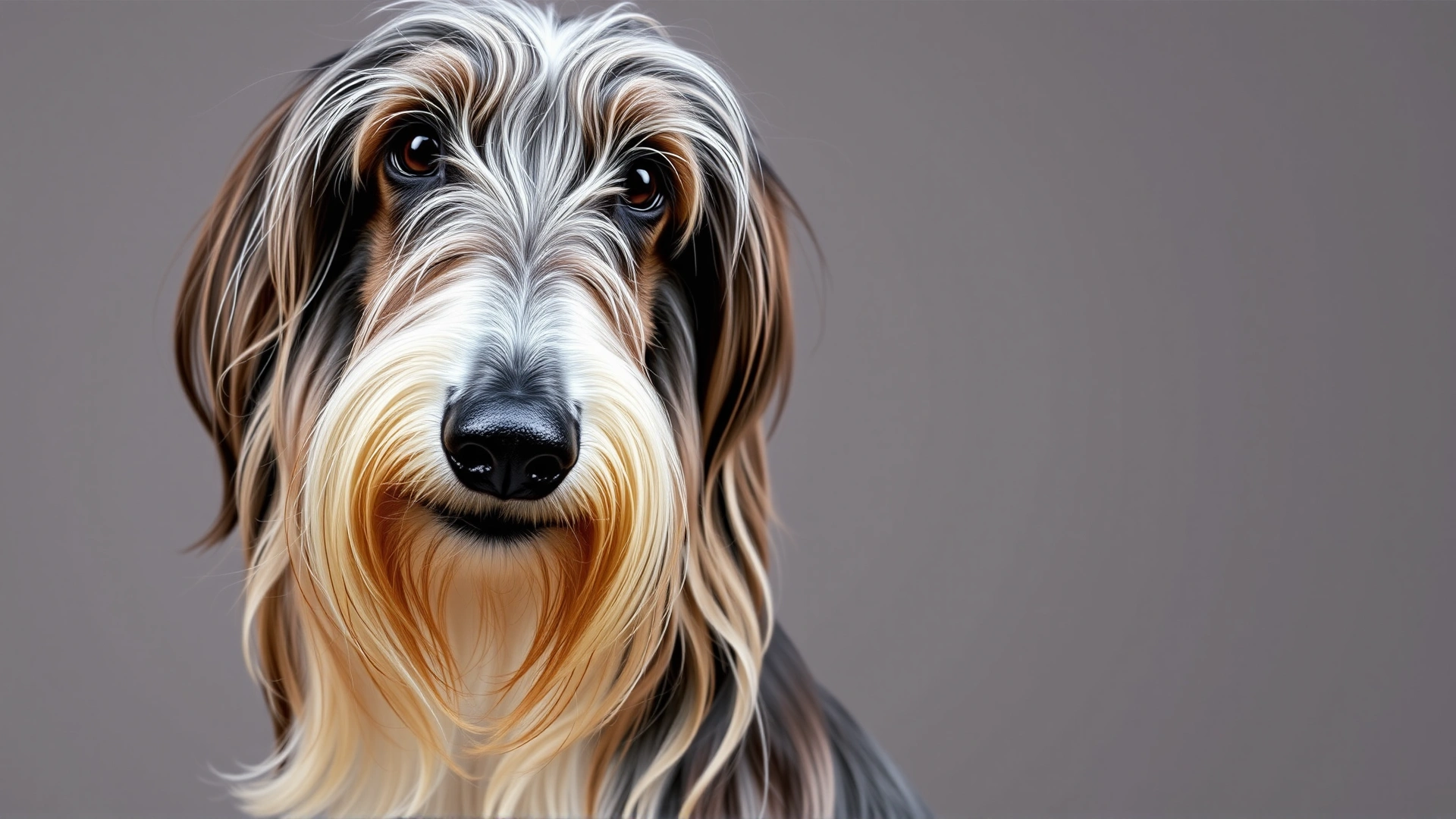 Close-up portrait of an Afghan Hound with a flowing, well-groomed coat against a neutral backdrop.