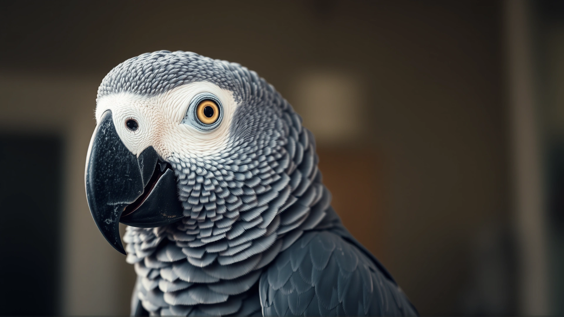 Close-up photo of an African Grey parrot with bright intelligent eyes, perched calmly on a branch, indoor soft lighting