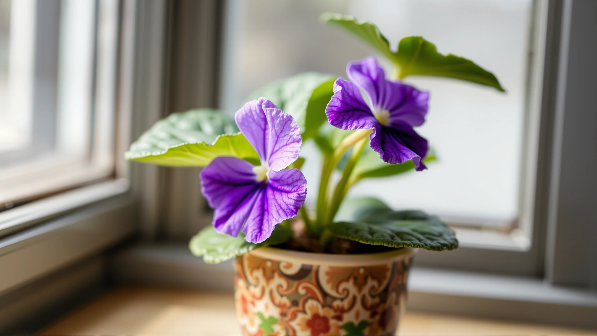 Close-up macro shot of a blooming African violet plant in a decorative pot on a windowsill.