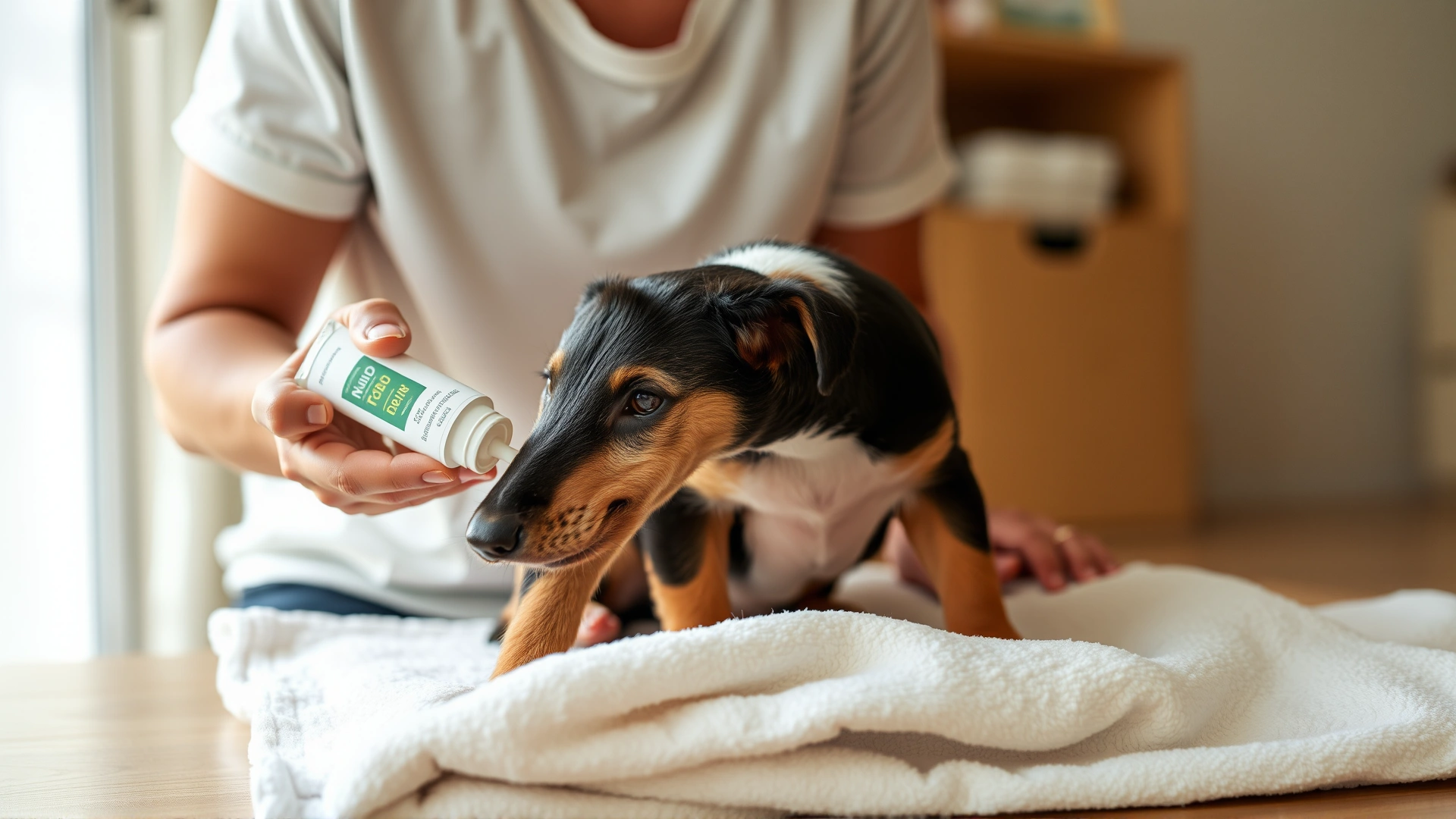 Pet owner applying ointment to a puppy's tail stump at home on a clean towel, warm indoor lighting