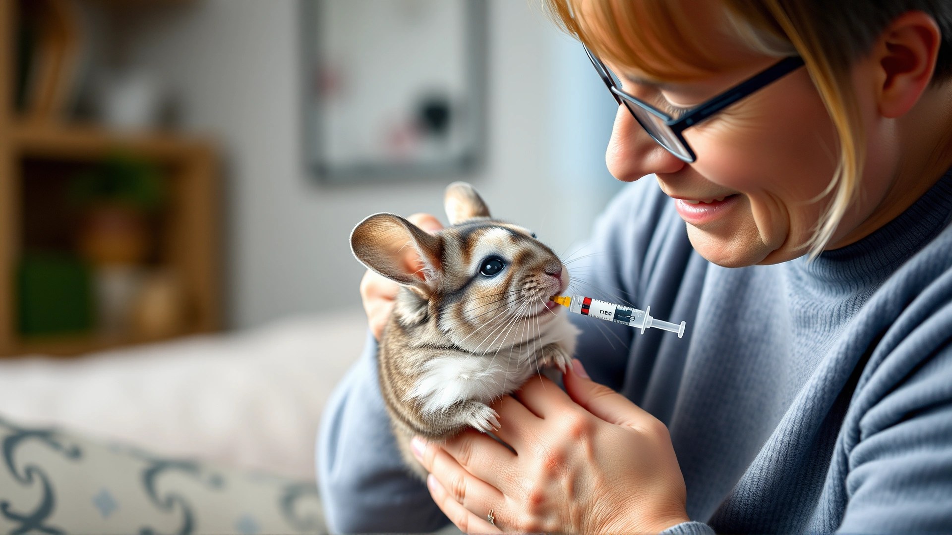Owner administering oral medication to a chinchilla with a syringe in a cozy home setting, soft lighting, high-resolution