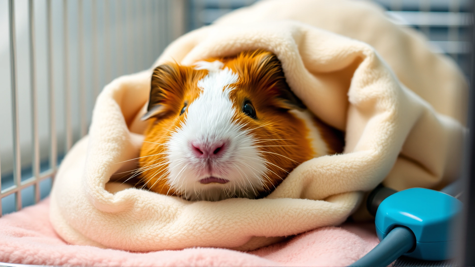 Guinea pig resting comfortably in a soft blanket inside a cozy enclosure after veterinary treatment