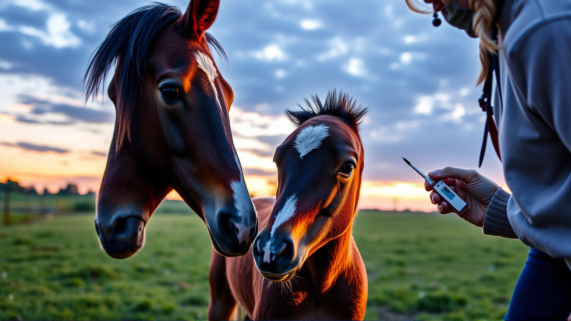 Gentle caretaker patting a foal at dusk while holding a thermometer, illustrating post-vaccination monitoring