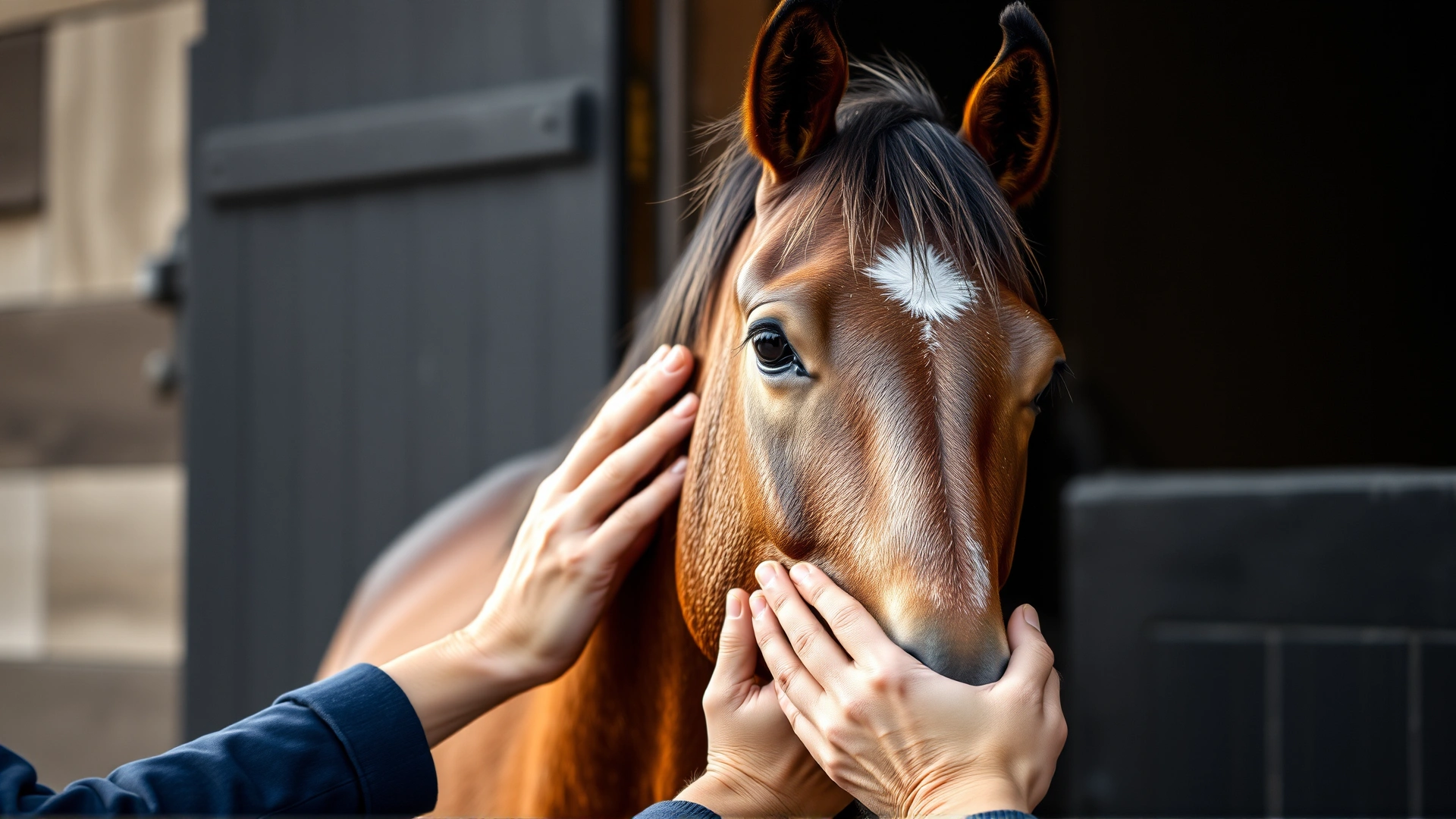 Soft-focus image of a bay horse enjoying a gentle neck rub after grooming, with barn doorway in background
