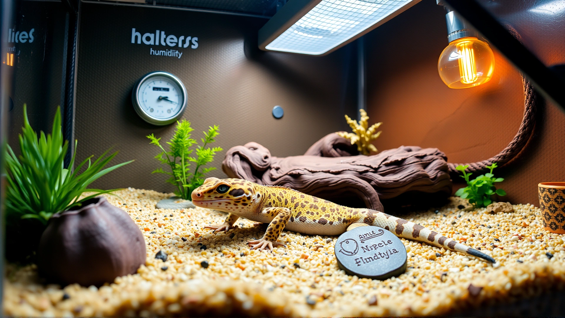 Cozy indoor terrarium setup with clean substrate, optimal humidity gauges, and a recovering leopard gecko resting calmly.