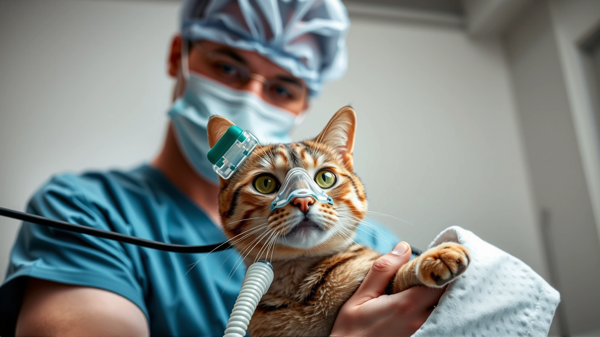 Veterinarian wearing scrubs examines a cat receiving oxygen therapy with a small mask after smoke inhalation; clinic setting, soft lighting.