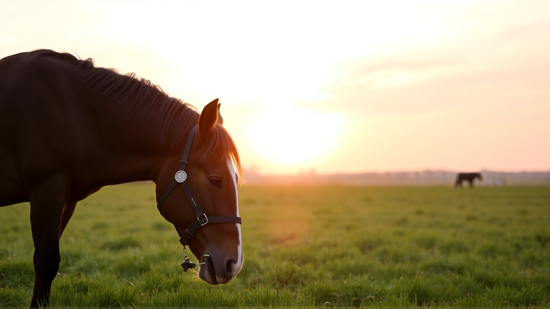 Peaceful scene of a horse grazing freely in a green pasture at sunset while wearing a comfortable halter, symbolizing recovery, no text.