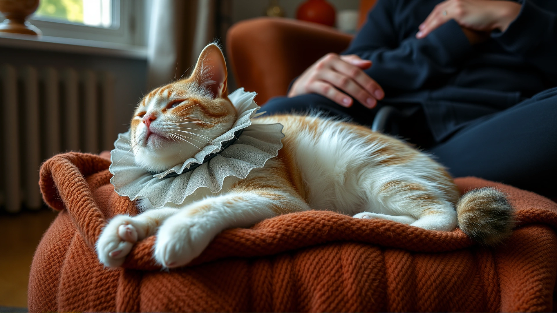 Cat resting on a cozy blanket at home wearing an Elizabethan collar with its tail lightly bandaged, owner sitting nearby offering comfort.