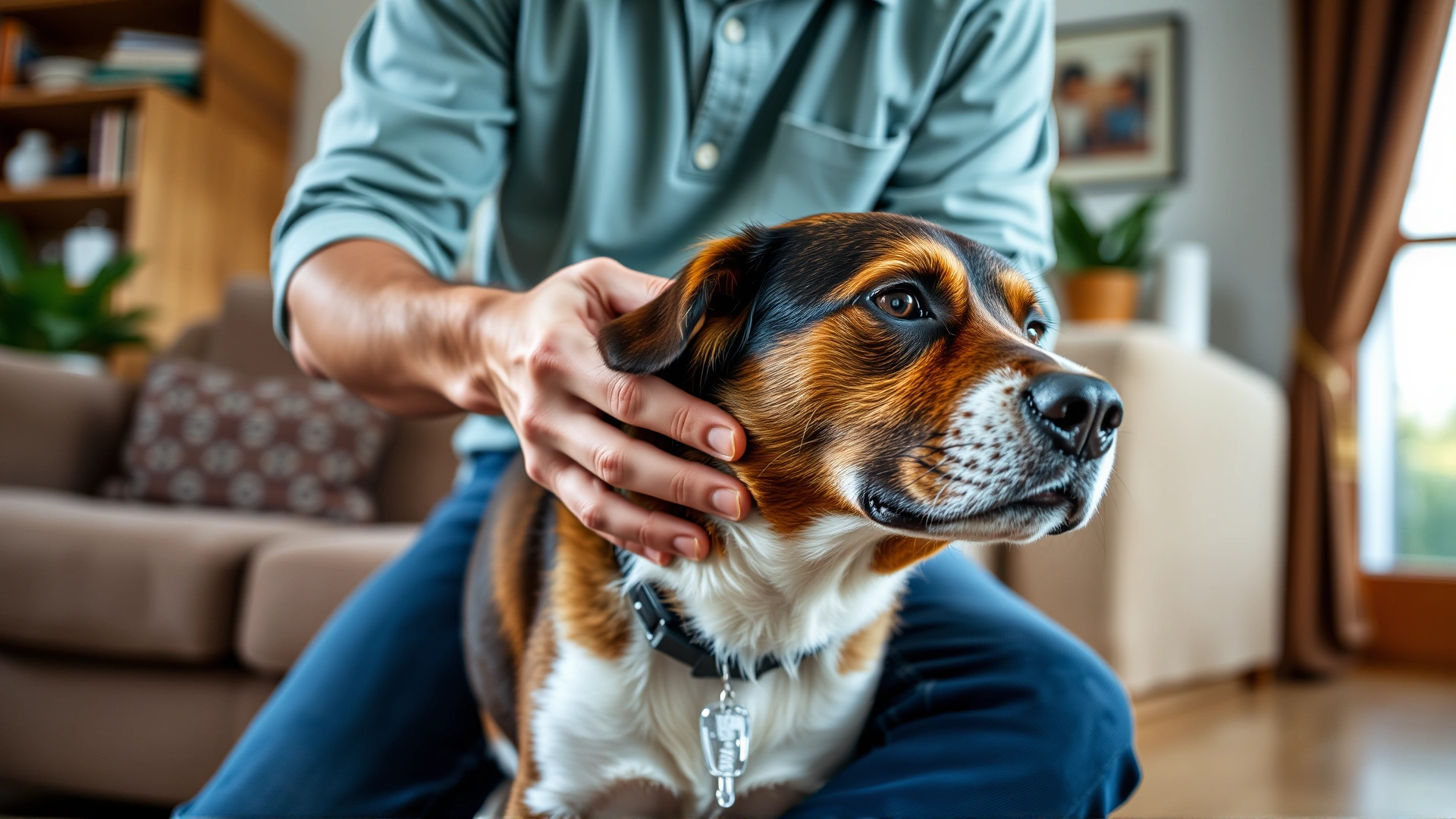 Pet owner gently massaging the scruff of a dog after subcutaneous fluid administration at home, relaxing living room setting.