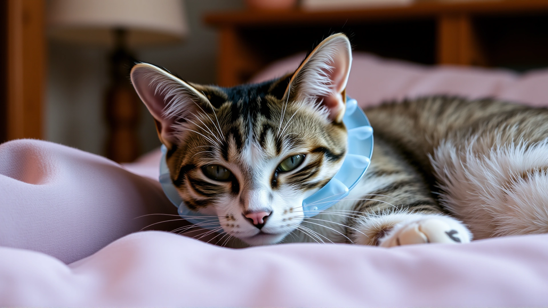 Domestic short-hair cat resting at home wearing a translucent Elizabethan collar, cozy bedding and soft lighting