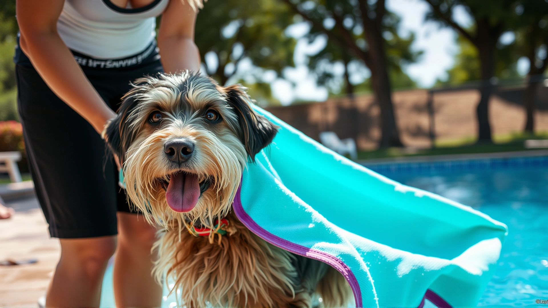 Pet parent drying their wet dog with a soft towel under shade trees after a swimming session