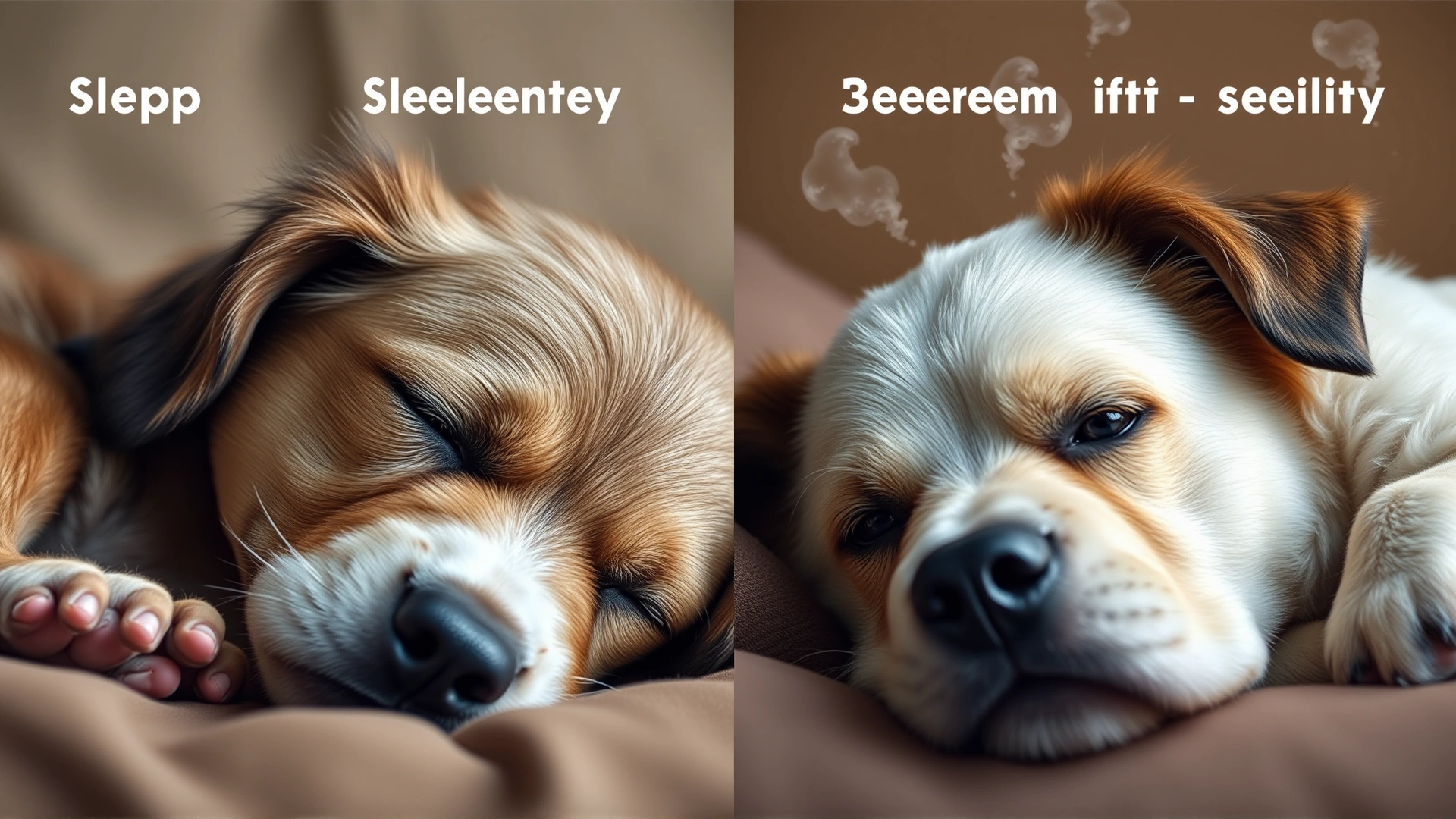 Split-frame: on the left, playful puppy sleeping; on the right, senior dog resting, illustrating dream frequency differences across ages
