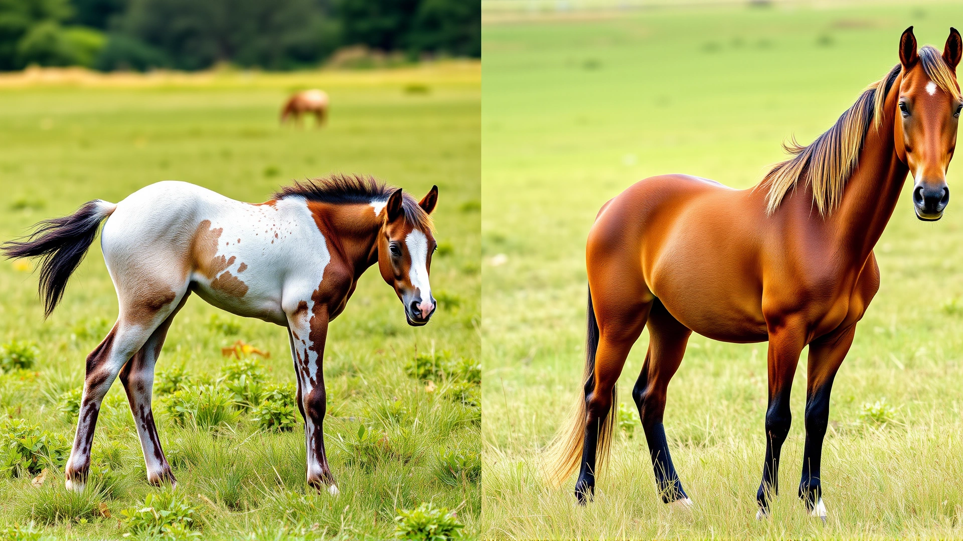 Side-by-side image of two horses of different ages (foal and adult stallion) in a grassy field illustrating optimal castration age